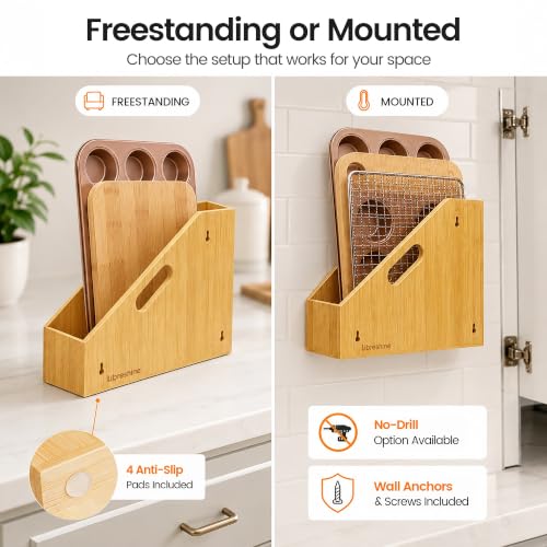 Libreshine Slim Bamboo Cutting Board Holder & Baking Sheet Organizer