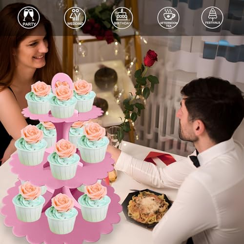 Pink Cupcake Stand 3-Tier, Cardboard Dessert Display Tower, 1-Pack - color: Pink 1 Pack