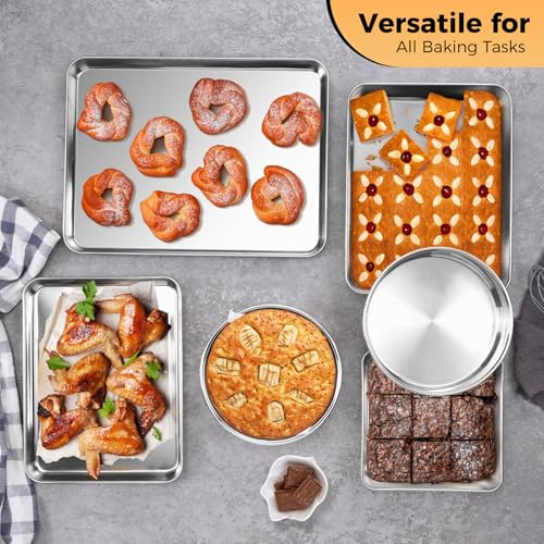 E-far Stainless Steel Baking Pan Set, 6-Piece Metal Bakeware Sets Include Cookie Sheet, Round Square Rectangle Cake Pans, Non-toxic & Dishwasher Safe - size: 6-Piece Set