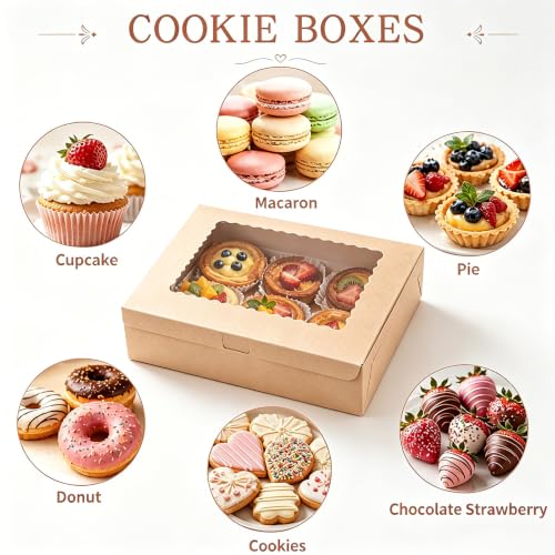 18pcs Auto-popUp Brown Cookie Boxes with Window,12x8x2.5 Inch Bakery Boxes|Sturdy Large Treat Box For Pies Chocolate Strawberries Donuts Pastry Dessert |350gsm Food-grade Thickness Cardboard - color: Brown/18pcs