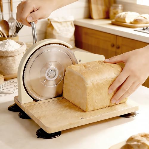 Manual Bread Slicer for Sourdough Bread, Adjustable Thickness Foldable Bread Cutter with Hand Crank, Stainless Steel Blade Bread Slicer (Off-White, Machine)