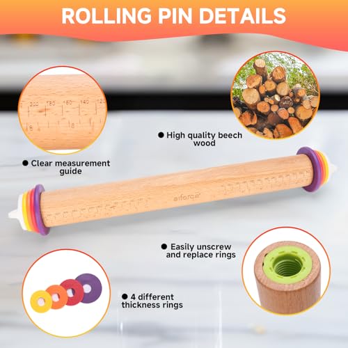 13.6" Adjustable Wooden Rolling Pin with 4 Thickness Rings & Cookie Molds - color: Natural Wood