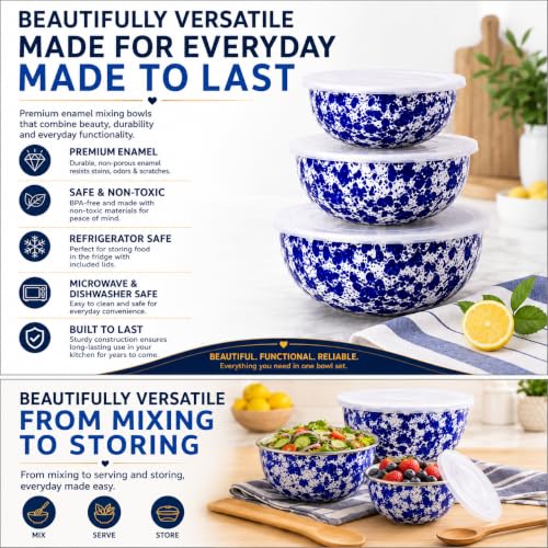 Golden Rabbit Enamelware Nested Mixing Bowls with Lids, Set of 3, Cobalt Swirl - color: Cobalt Swirl