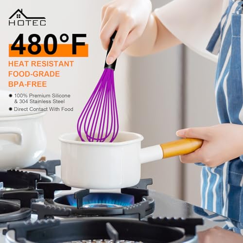 HOTEC 4Pcs Silicone Whisk Set, Wire Balloon Whisks for Cooking Egg Beater - color: Purple