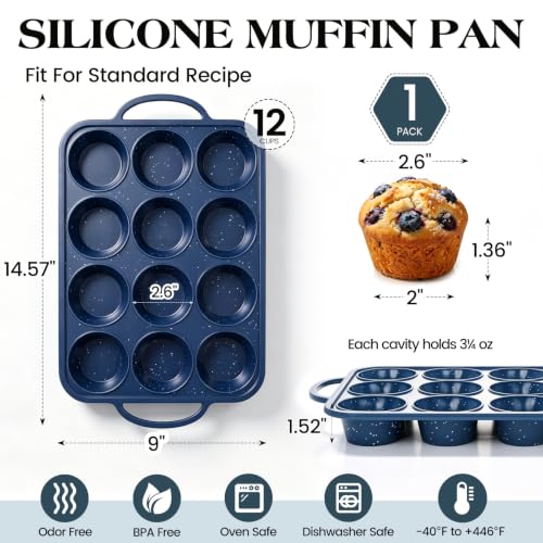 Vinino 12 Cup Silicone Muffin Pan with Stainless Steel Frame - Blue - color: Blue, size: Standard