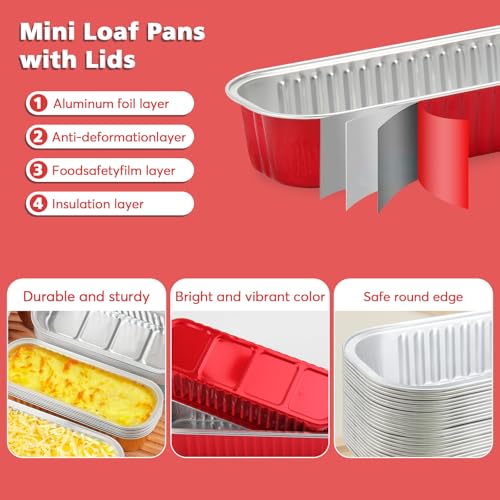 100 Pack Mini Loaf Pans with Lids and Spoons,6.8oz Red Small Foil Loaf Pans - color: Red