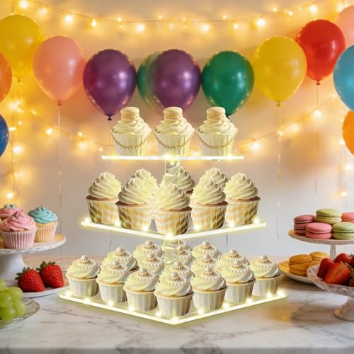 Square Cupcake Stand with Yellow Lights, 3 Tier Dessert Display Stands - color: Yellow Light, size: 3 Tier Square