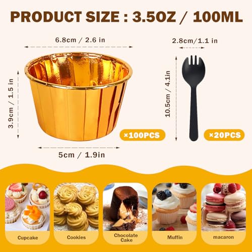 100Pack Gold Cupcake Liners, 3.5oz Baking Cupcake Cups, Mini Disposable Foil Muffin Liners, Grease-proof Paper Ramekin Oven-safe Cupcake Tins for Valentine Christmas Wedding Birthday Party with Spoons - color: Gold
