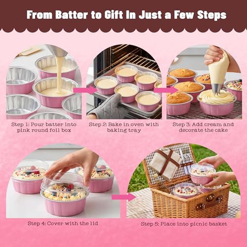 NPLUX Ramekins with Lids Mini Cake Pans,50 Pack Pink 8oz for Party Favors - color: Pink