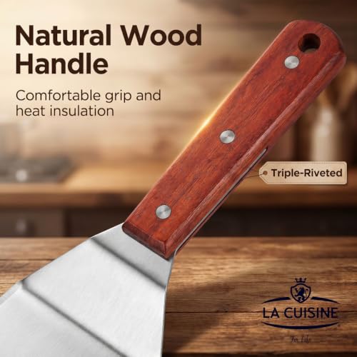 La Cuisine Extra‑Wide Stainless Steel Spatula with Wooden Handle, Heavy‑Duty 5x6" Burger Turner for BBQ, Flat Top Griddle, Blackstone Grill & Smash Burgers - size: 5x6"