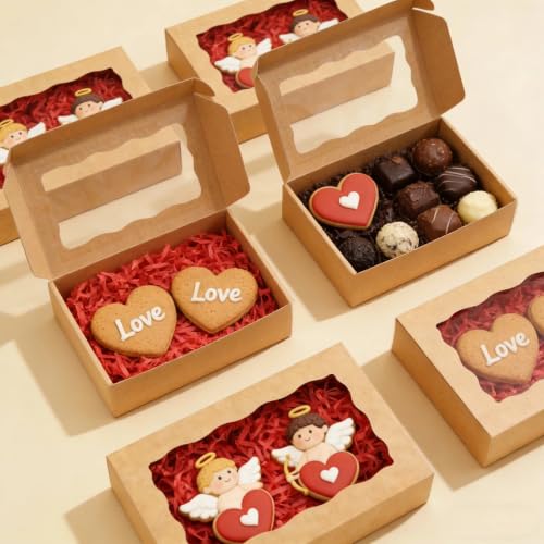 50pcs Brown Cookie Boxes 7x4.375x1.5 Inch Bakery Boxes with window - color: Brown