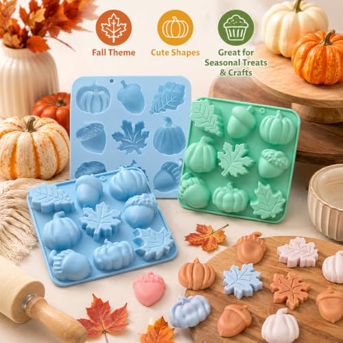 4 Pcs Autumn Silicone Molds Pumpkin Acorn Maple Leaf Fondant Baking Tray - color: blue green