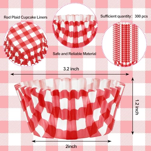 Whaline 300Pcs Red Plaids Cupcake Liners Red White Checkered Paper Baking Cups Small Muffin Cupcake Wrappers for Holiday Party Home Kitchen Supplies, 2 x 1.2 Inch - color: Red