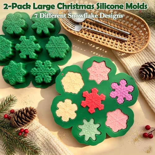 2-Pack Large Christmas Silicone Molds 7 Unique Snowflake Christmas Baking Molds for Mini Cake Chocolate Handmade Soap Candle Plaster Winter Holiday Resin DIY Craft - color: Green-Snowflake