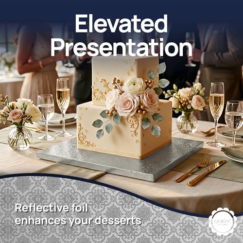 O'CREME Silver Foil Square Cake Board - Gorgeous Design, Sturdy & Durable 1/2" Thick Drums, 20" x 20" Inch, Pack of 5 Disposable - color: Silver, size: 20" x 20"