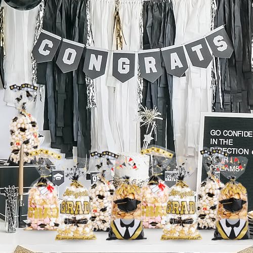 100Pcs Graduation Treat Bags Congrats Graduates Treat Bags Black Gold Cellophane Bags with Twist Ties Plastic Grad Goodie Bags 4 Styles Gift Bags Candy Bags for Graduation Party Favors Decorations - color: Graduation