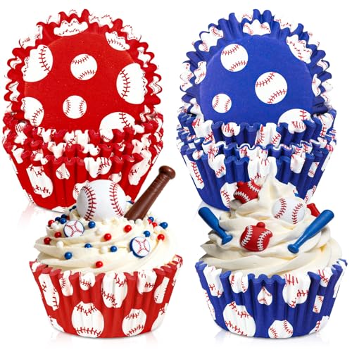 JarThenaAMCS 300Pcs Baseball Cupcake Liners Paper Baking Cups Blue Red Standard Muffin Cupcake Wrappers for Sports Fans Birthday Baby Shower Party Supplies - style: baseball