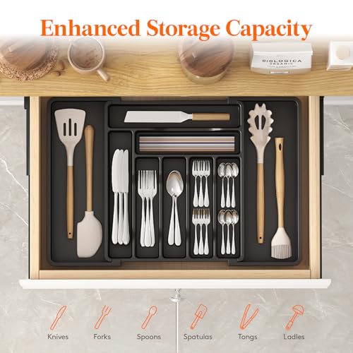 Lifewit Expandable Silverware Drawer Organizer, Kitchen Utensil Tray - color: Black, size: XL (13"-22.4" W × 15"D)