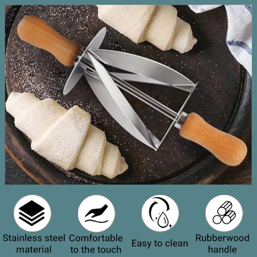 LiebeWH Croissant Dough Cutter Roller, Stainless Steel Triangular Pastry Slicer with Ergonomic Wood Handle One Pass 3 Cutting Tool for Home Bakery Silver 20 x 6 cm 1 Pack