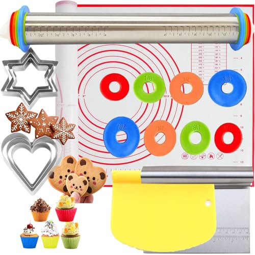 Adjustable Rolling Pin 19 Baking Tool Set and Silicone Baking Pastry Mat Set,Thickness Rings,Stainless Steel Dough Roller Rolling Pins for Baking Dough, Pizza, Pie, Pastrie(Red Mat) - color: Red Mat