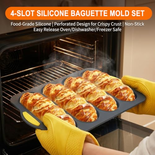2 Pack Food Grade Silicone Baguette Bread Pan, 4‑Cavity Non‑Stick Easy Release French Bread Mold for Homemade Baguettes, Sourdough, Hoagie, Hot Dog Buns, Sandwich, Includes Bread Lame