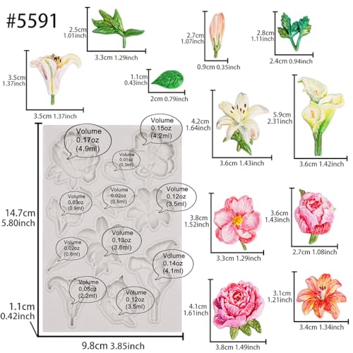 Flower Silicone Mold for Air Dry Clay Plaster Fondant Cake Deco 11-Cavity - color: Flower (Lily Peony Calla) 11-cavity #5591
