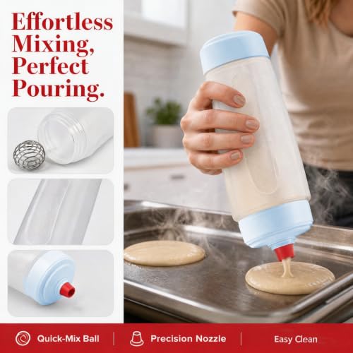 2 Pack 1000ml Pancake Batter Squeeze Dispenser Bottle with Whisk Ball