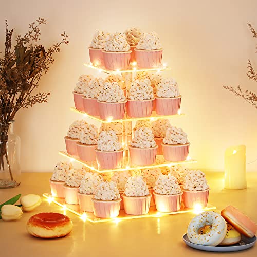4 Tier Cupcake Stand with LED String Light, Acrylic Cupcake Display Stand - color: Warm