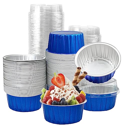 100Pcs Aluminum Cups with Lids,5oz Disposable Ramekin Baking Cups Muffin Liners Mini Pie Pans Foil Cupcake Containers for Christmas Party Wedding Party,Dark Blue - color: Dark Blue