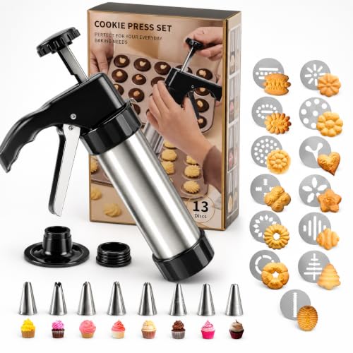 Hoypeyfiy Cookie Press Gun Kit, Versatile Stainless Steel Cookie Press, Includes 13 Discs and 8 Piping Tips for Baking and Decorating Cookies and Cakes