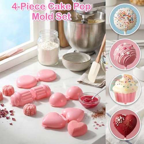 4Pcs Cake Pop Mold, Cakepop Molds Shapes, Round Cakes Pops Molds With Caked Pop Stand Caked Ball Molding, Cakes Puck Mold Set for Home Baking, Birthday Parties, Wedding Desserts