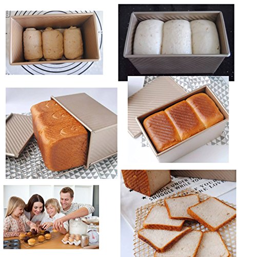 monfish Pullman Loaf Pan w Cover Bread Toast Mold corrugated loaf Pan w lid 1lb dough Alluminumed Steel Non Stick Gold (8.5X4.75X4.375INCH) - size: 8.35x4.8x4.5 inch