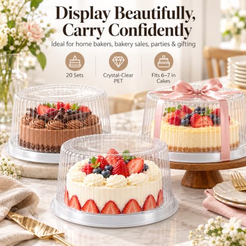 20 Pack 7 Inch Disposable Cake Containers with Lids, Clear Plastic Cake Carrier with White Base, PET Cake Boxes for Transport, Storing, Displaying Cakes, Bakery, Party, Dessert Gifts