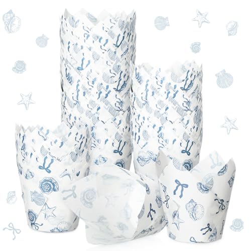 200 Pcs Blue Coastal Tulip Cupcake Liners, Ocean Shell Starfish