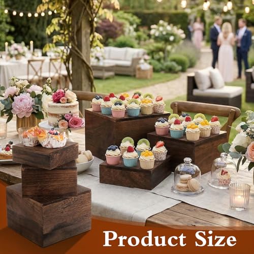 Kenaoeoe 3 PCS Wood Cake Stand Rustic Stackable Square Risers Display Stands for Dessert Table Wedding Party Buffet Food Presentation