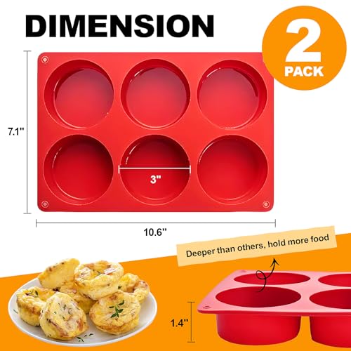 Silicone Egg Bite Molds, 2 Pack Frittata Pan, Deep 3 Inch Dash Cups, Sous Vide Round Rolls Molds for Breakfast Sandwiches, Omelets, Dinner Rolls, Baking - Red - color: Red, size: Round-2pcs