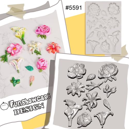 Flower Silicone Mold for Air Dry Clay Plaster Fondant Cake Deco 11-Cavity - color: Flower (Lily Peony Calla) 11-cavity #5591