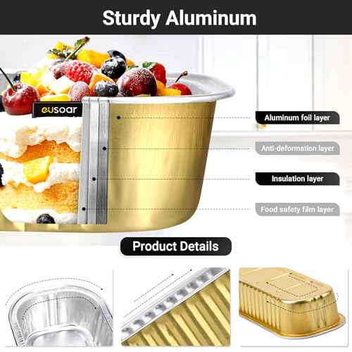EUSOAR Baking Cups with Lids, 100pcs 6.8oz 6.5"x2.5"x1.2" Gold Aluminum Foil Ramekins Baking Cups Mini Loaf Pans with Lids Disposable，Cupcake Containers Cheesecake Creme Brulee Ramekins Pan - color: Gold, size: 100pcs