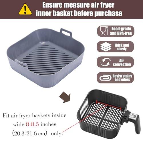 Golden Associate Silicone Liners Square for 8 to 8.5 inch Air Fryer, 2 Pcs Non-stick Food-grade Reusable Basket Baking Tray Airfryer Accessories, Grey - size: 8'' square