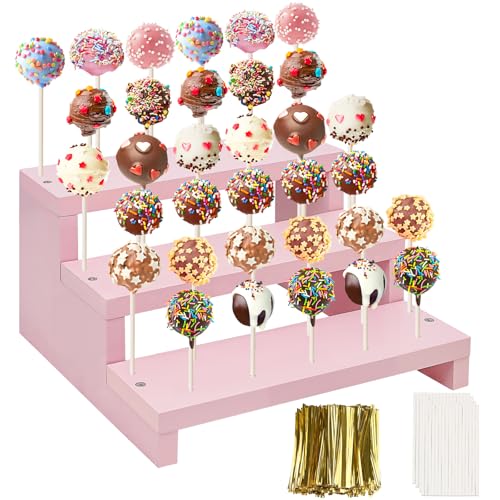 Wood Cake Pop Stands, 3 Tier Lollipop Holders with Twist Ties Lollipop Sticks, Sucker Display Riser for Dessert Table of Wedding Birthday Party (Pink-1P) - color: Pink-1P