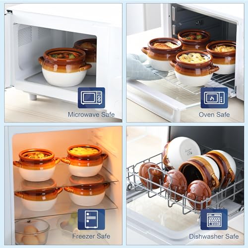 LOVECASA 22 OZ French Onion Soup Bowls with Lid, Porcelain Soup Crocks with Handles,Oven Safe Serving Bowls for Soup, Beef Stew, Cereal, Pot Pies, lasagna,Chilli,Set of 4