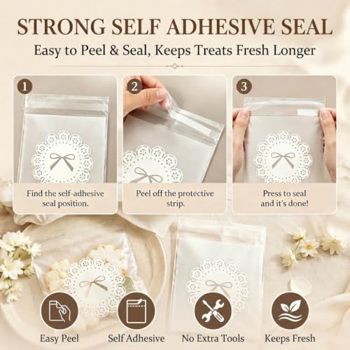 100 PCS Self Sealing Cookie Bags, Lace Bow, 4 x 4 Inch with 108 Stickers