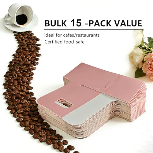 15 Pack Pink 2 Cup Drink Carrier with Handle, Disposable Cardboard Coffee Cup Holder for Hot or Cold Drinks, Coffee Carrier with Ribbon & Card for Food Delivery, Takeout and Bouquet Arrangement - size: 15