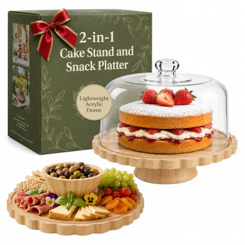 ELIBRE Wooden Cake Plate & Serving Platter with Clear Acrylic Dome Lid