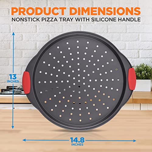 Nutrichef Non-Stick Pizza Tray with Silicone Handles, 6-Pack Round Steel Non-Stick Pans with Perforated Holes, Premium Bakeware, Pizza Trays with Silicone and Oversized Handles, Dishwasher Safe - size: 6 Piece