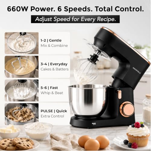 KOCHSTELLE Black Electric Stand Mixer 6.8 Quart Qt, 660W, 6-Speed Adjustable, Stainless Steel Planetary, Portable, Compact & Elegant Kitchen Mixer for Baking & Cooking