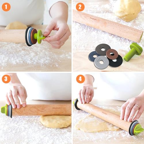 Adjustable Rolling Pin with 4 Thickness Rings &Wood Stand For Baking Dough - color: Wood
