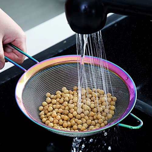 Kyraton Rainbow Fine Mesh Strainer 3 Pieces Set, Copper Flour Sifter For Baking, Stainless Steel Clander, Matcha Tea Strainer, Gravy Separator, Stasher Sieve Pasta Strainers - color: Rainbow