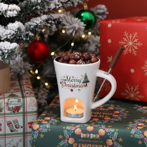 Honeydak Christmas Chocolate Fondue Mug with Fork 3 Candle Sweet Ceramic - color: White, style: Modern