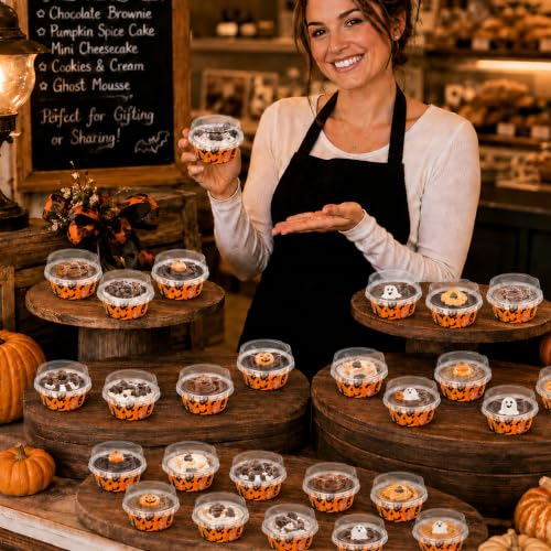 50 Pack Halloween Baking Supplies Mini Cake Pans with Lids and Spoons - color: Orange and Black